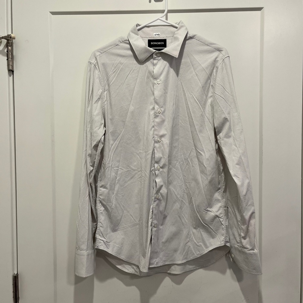 Bonobos Mens Slim Fit Polka Dot Long Sleeve Button Down Shirt White Blue Size M